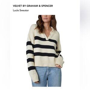 Velvet by Graham & Spencer Cream and Black Striped Collared V-Neck Sweater
